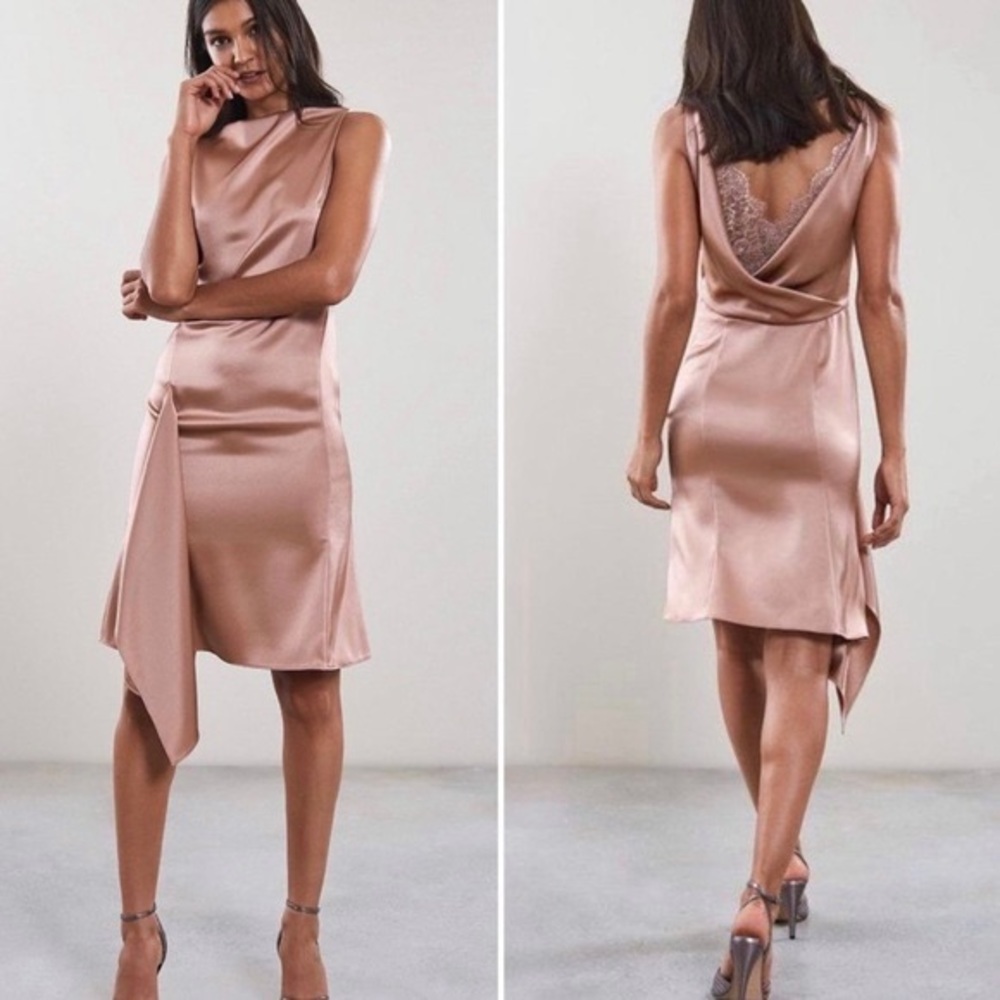 Reiss Serenella Draped Satin Dress w/ Lace Detail